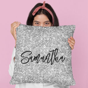 Silver Glitter Black Brush Script Cushion