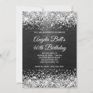 Silver Glitter Black Brushed Metal 40th Birthday Invitation