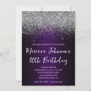 Silver Glitter Black Dark Purple 30th Birthday Invitation