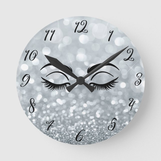 Silver Glitter Black Eyelashes Salon Personalised Round Clock (Front)