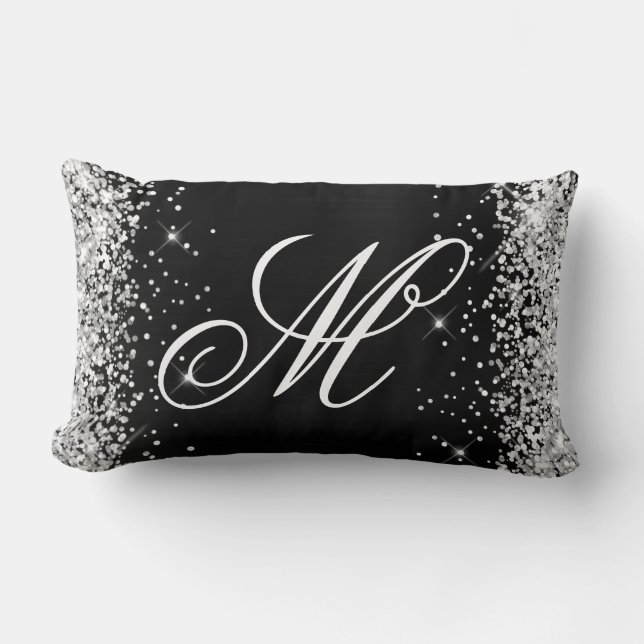 Silver Glitter Black Foil Fancy Monogrammed Lumbar Cushion (Front)