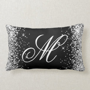 Silver Glitter Black Foil Fancy Monogrammed Lumbar Cushion