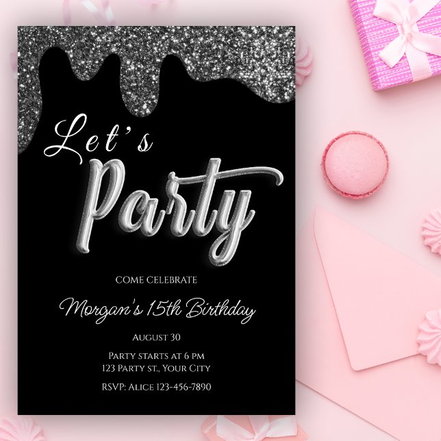 Silver Glitter Black Girly Birthday Party Invitation (Creator Uploaded)