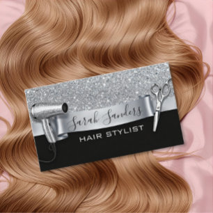 Silver Glitter & Black Glam Hair Stylist Business Card