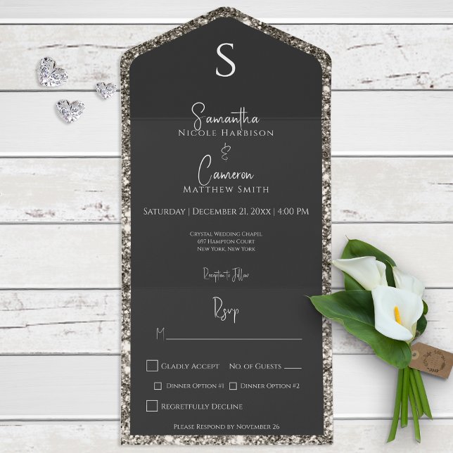 Silver Glitter & Black Glam Modern Dinner All In One Invitation (Creator Uploaded)