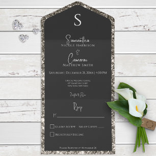 Silver Glitter & Black Glam Modern No Dinner All In One Invitation