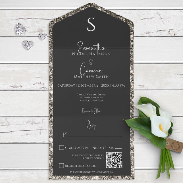 Silver Glitter & Black Glam QR Code All In One Invitation (Creator Uploaded)