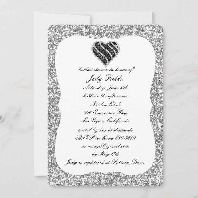 Silver Glitter Black Heart Bridal Shower Invite (Front)