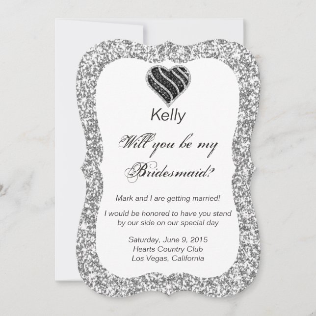 Silver Glitter Black Heart Bridesmaid Card (Front)