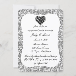 Silver Glitter Black Heart Engagement Party Invite