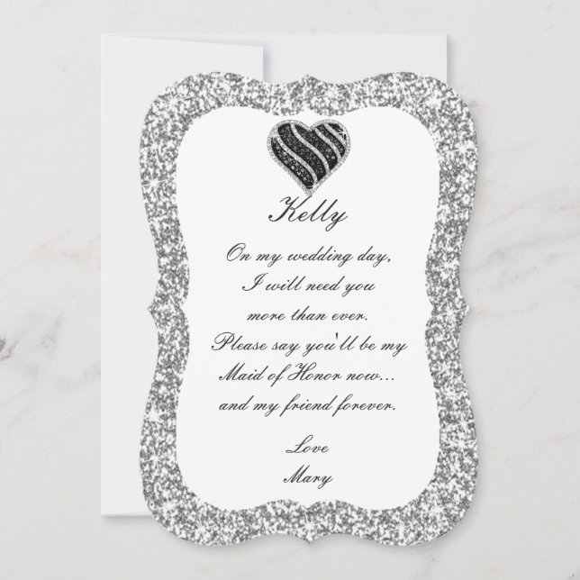 Silver Glitter Black Heart Maid Of Honour Card (Front)