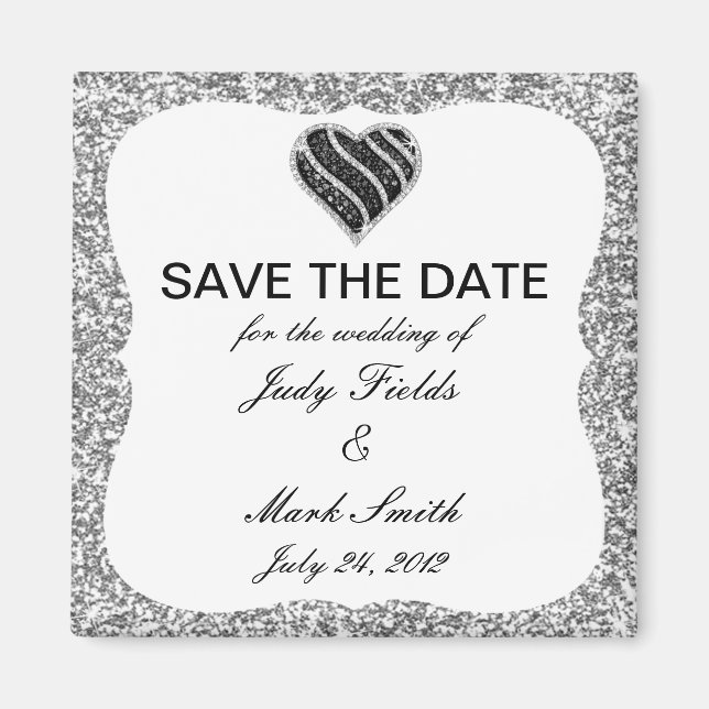 Silver Glitter Black Heart Save The Date Magnet (Front)