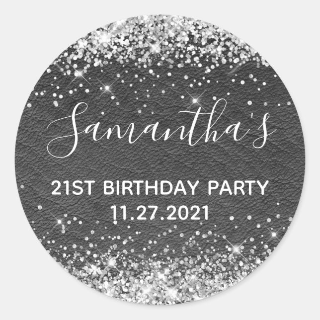 Silver Glitter Black Leather 21st Birthday Party Classic Round Sticker (Front)