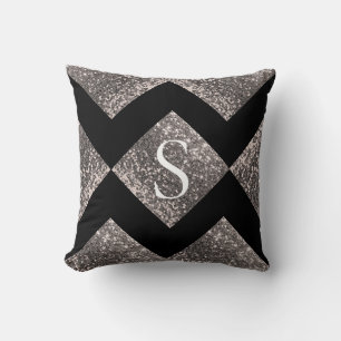 Silver Glitter Black Monogram Bling Chic Cushion
