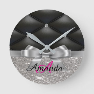 Silver glitter black monogram electronics Bag Round Clock