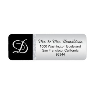 Silver Glitter Black Monogram Letter Initial Return Address Label