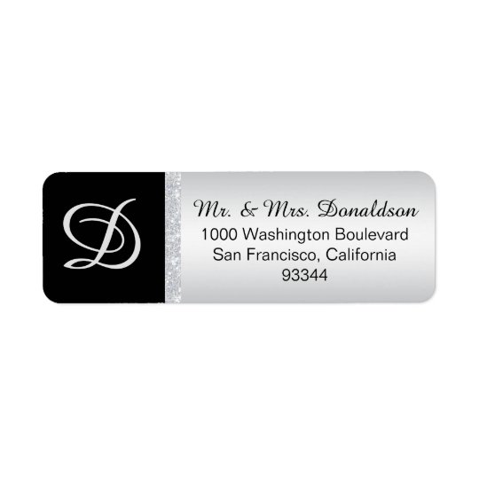 Silver Glitter Black Monogram Letter Initial Return Address Label