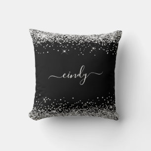 Silver Glitter Black Name Cushion
