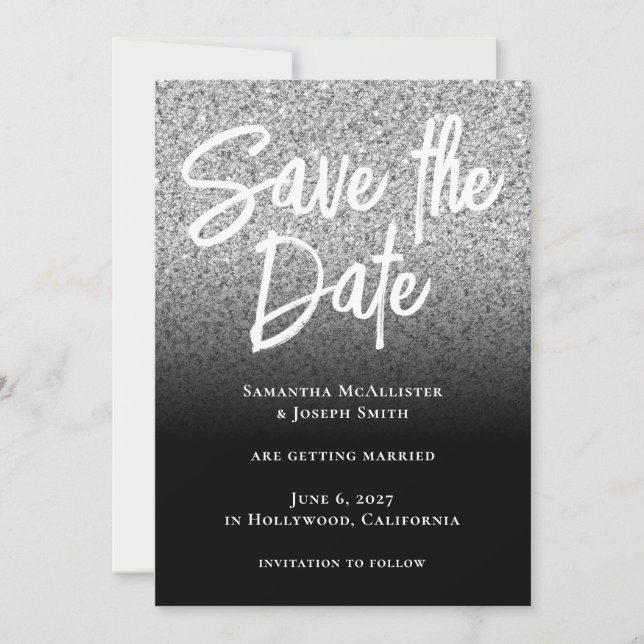 Silver Glitter Black Ombre Save The Date (Front)