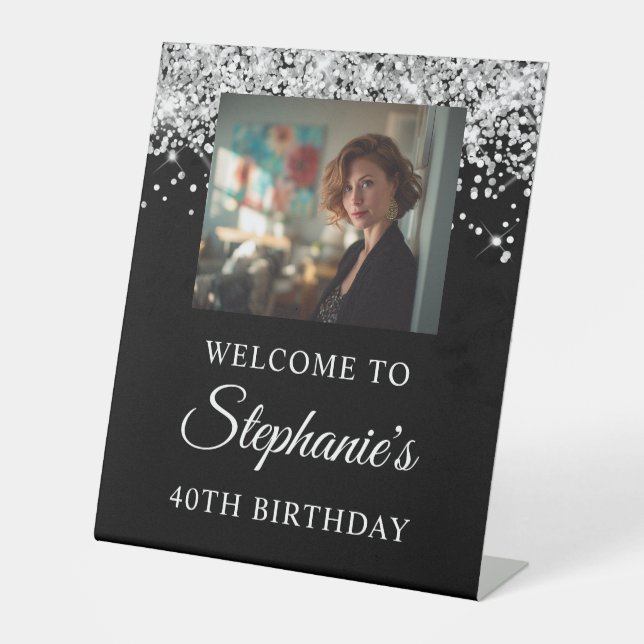 Silver Glitter Black Photo 40th Birthday Pedestal Sign (Front)