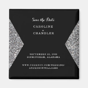 Silver Glitter & Black Photo Wedding  Save The Dat Magnet