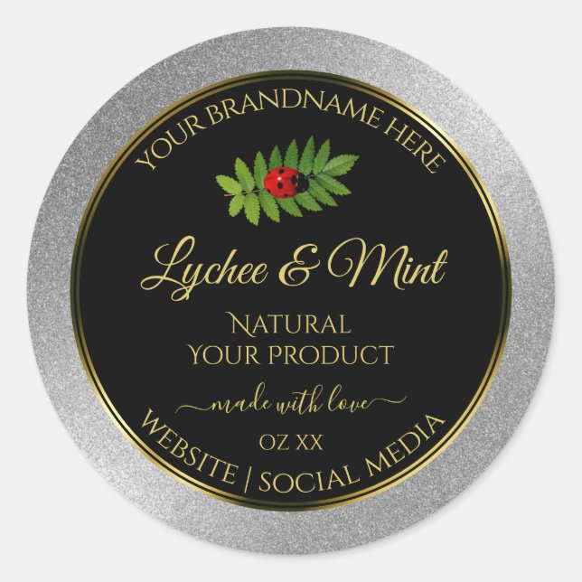 Silver Glitter Black Product Labels Ladybug Leaf (Front)