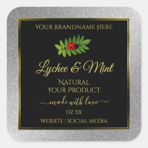 Silver Glitter Black Product Labels Ladybug Leaf