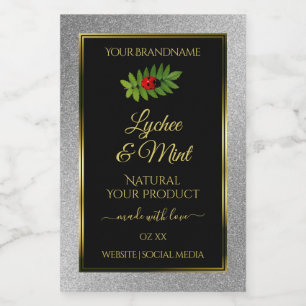 Silver Glitter Black Product Labels Ladybug Leaf