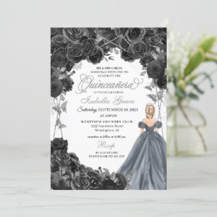 Silver Glitter Black Roses Spanish Quinceañera Invitation