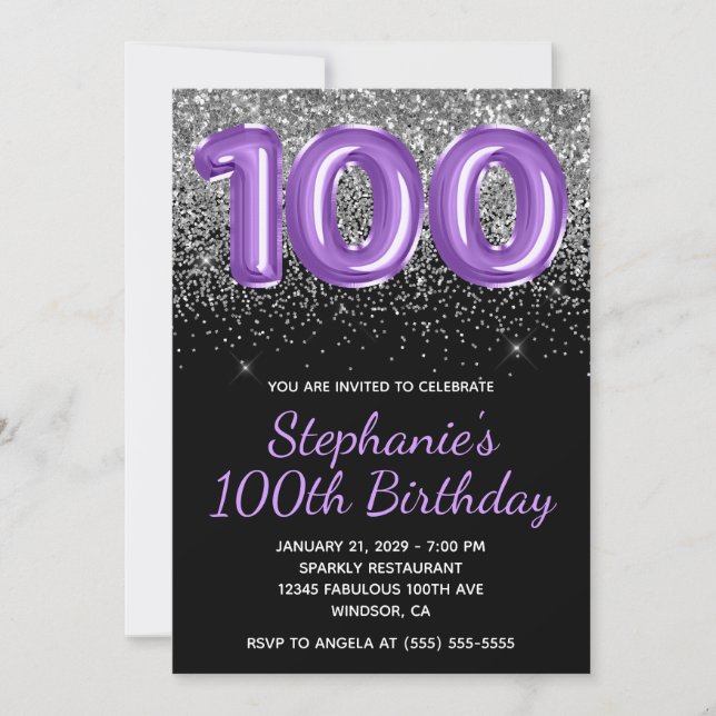 Silver Glitter Black Royal Purple Number 100 Invitation (Front)