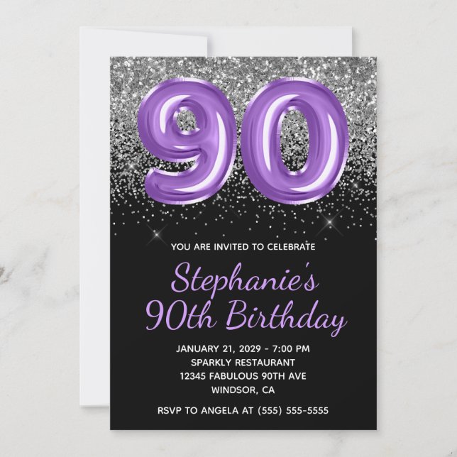 Silver Glitter Black Royal Purple Number 90 Invitation (Front)