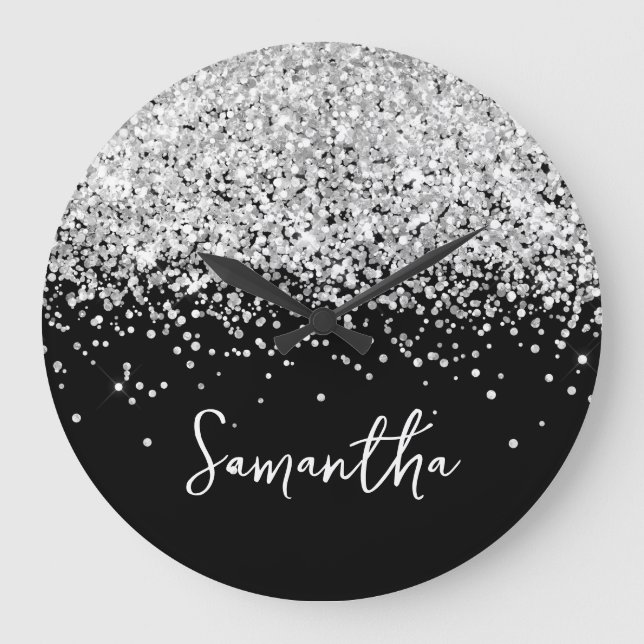 Silver Glitter Black Script Name Large Clock (Front)