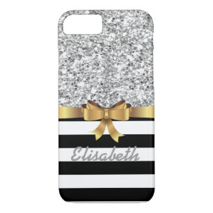 SILVER GLITTER BLACK stripe GOLD BOW MONOGRAM iPhone 8/7 Case