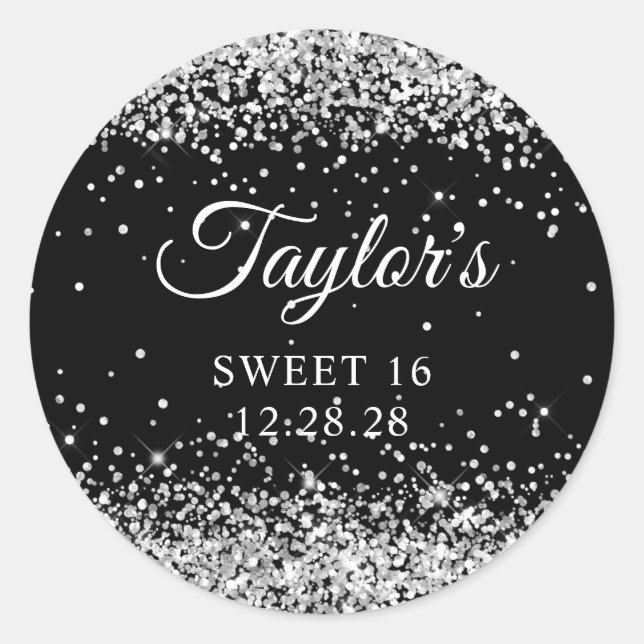 Silver Glitter Black Sweet 16 Classic Round Sticker (Front)