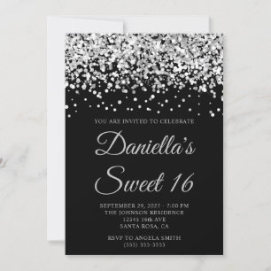 Silver Glitter Black Sweet 16 Invitation