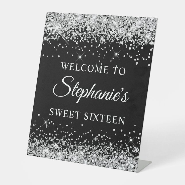 Silver Glitter Black Sweet Sixteen Welcome Pedestal Sign (Front)