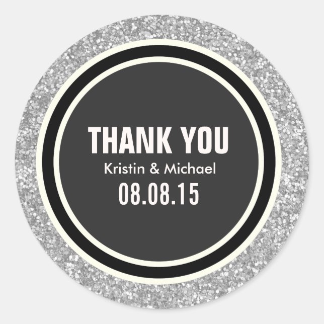 Silver Glitter & Black Thank You Round Stickers (Front)