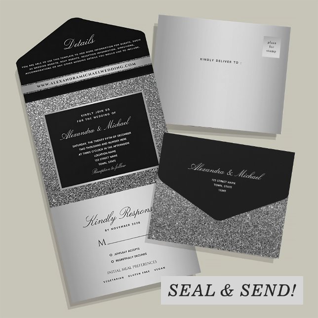 Silver Glitter Black Wedding All In One Invitation (Creator Uploaded)