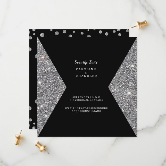 Silver Glitter & Black Wedding Save the Date Glam (Front/Back In Situ)