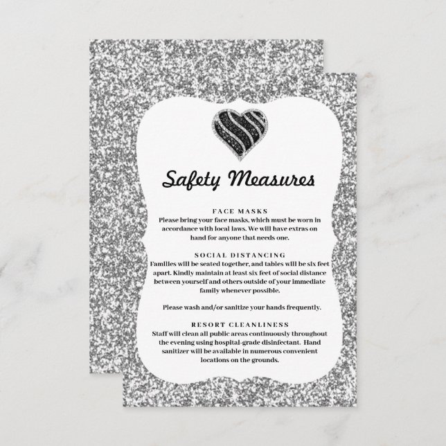 Silver Glitter Black & White Heart Safety Measures Enclosure Card (Front/Back)