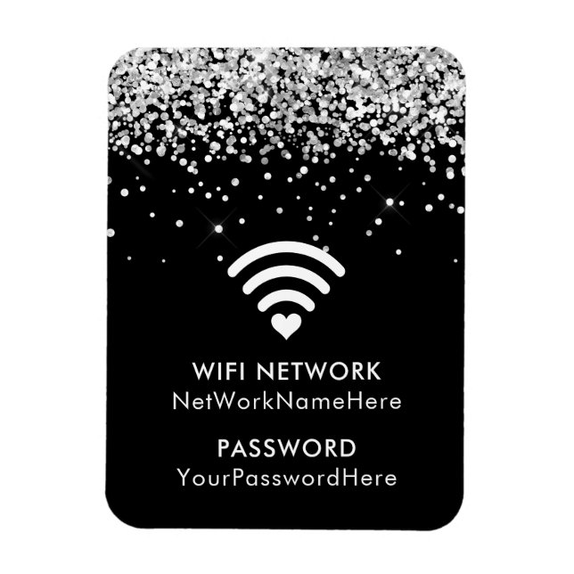 Silver Glitter Black WiFi Network and Password Magnet (Vertical)