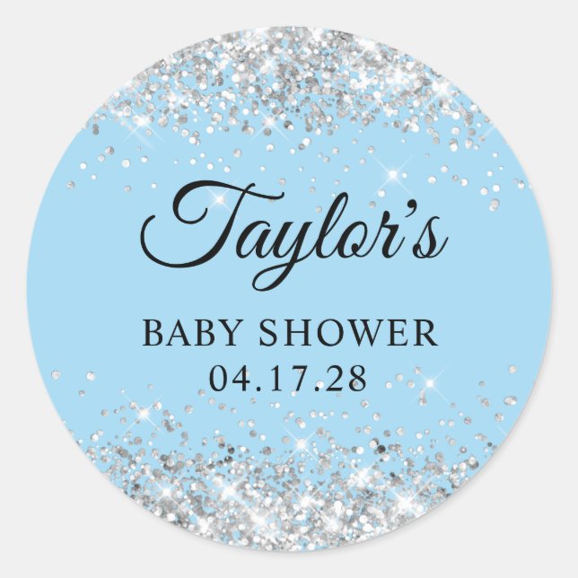 Silver Glitter Blue Baby Shower Classic Round Sticker (Front)