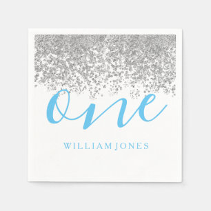 Silver Glitter Blue Boys 1st birthday party Napkin