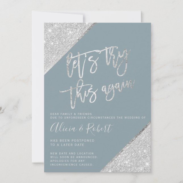 Silver glitter blue change the date try again save the date (Front)