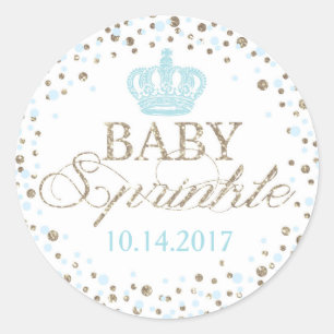 Silver Glitter Blue Crown Royal Prince Baby Shower Classic Round Sticker