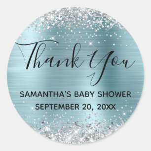 Silver Glitter Blue Foil Baby Shower Thank You Classic Round Sticker
