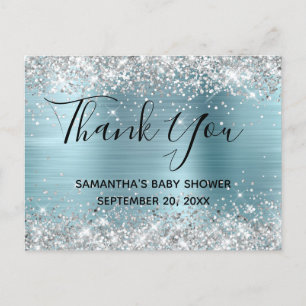 Silver Glitter Blue Foil Baby Shower Thank You Postcard