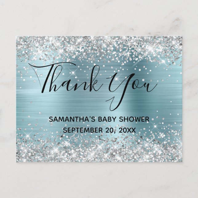 Silver Glitter Blue Foil Baby Shower Thank You Postcard (Front)