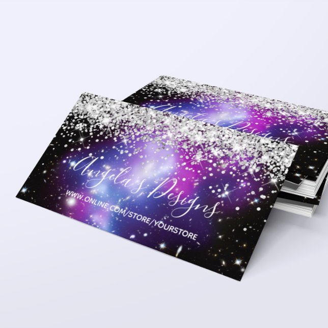 Silver Glitter Blue Purple Galaxy Online Store Business Card (Silver Glitter Blue Purple Galaxy Online Store Business Card)