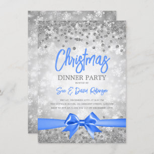 Silver Glitter Blue Ribbon Christmas Holiday  Invitation